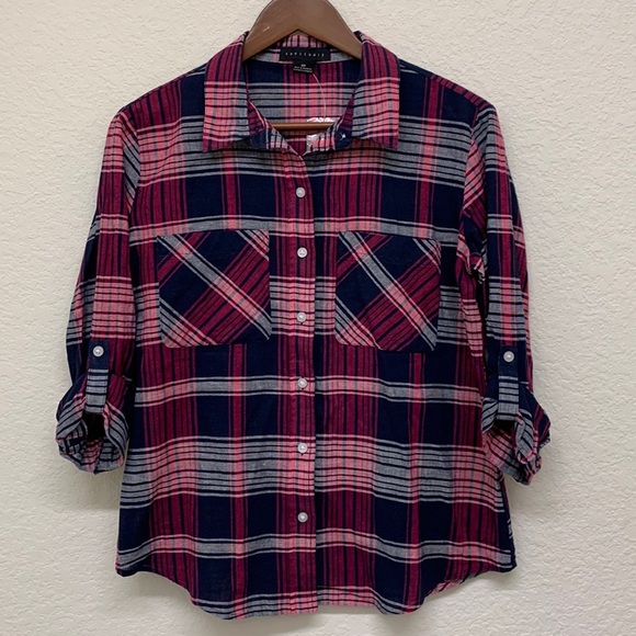 Sanctuary Linen Blend Plaid Button Up Top - Small Petite - Picture 1 of 8